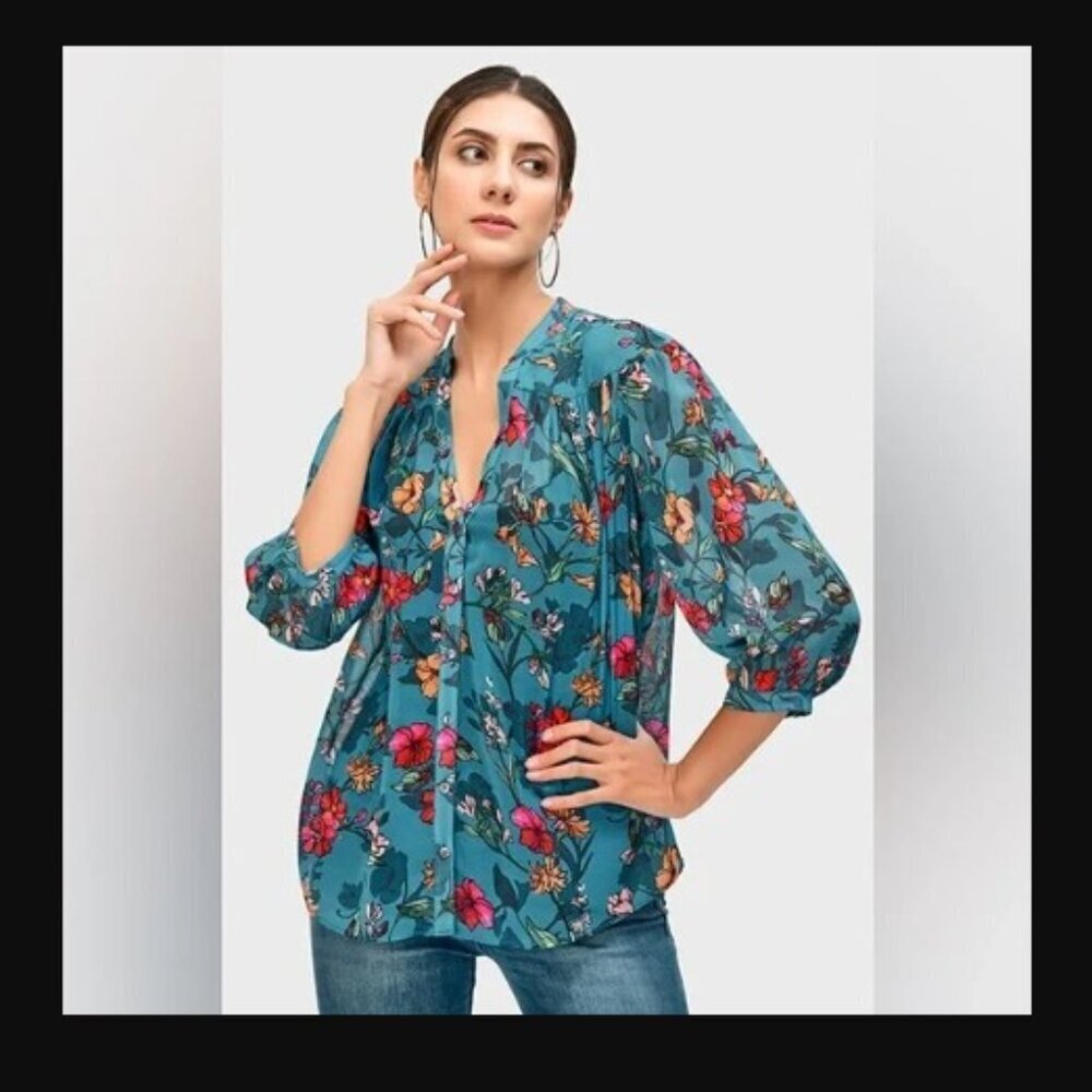 Wayward Fancies Floral Sheer 3/4 Sleeve Button Front Top 2X